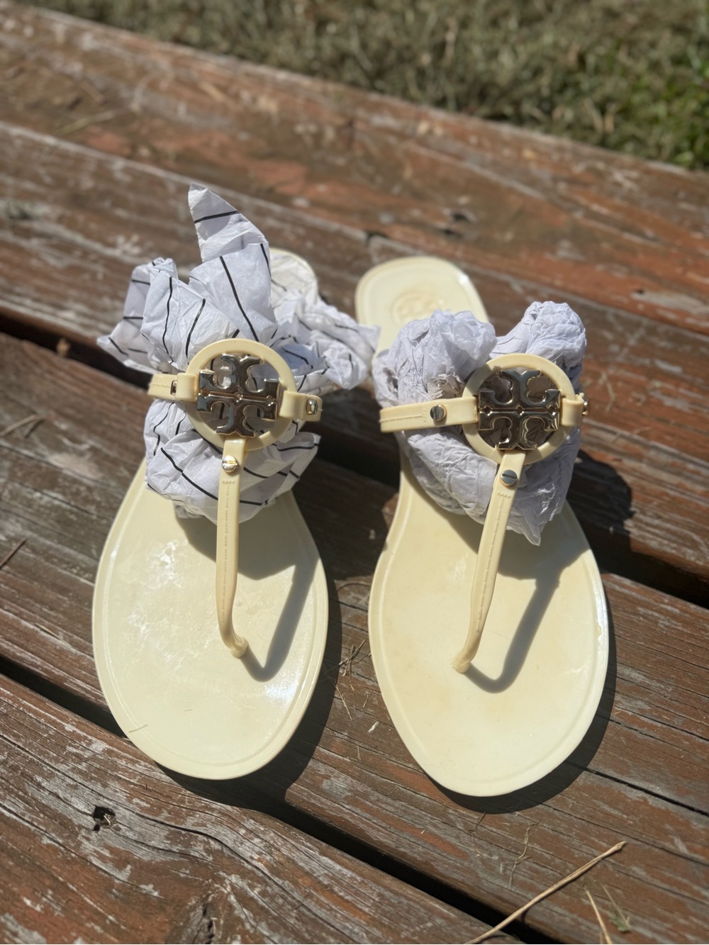 Tory Burch Cream T-Strap Logo Jelly Sandals